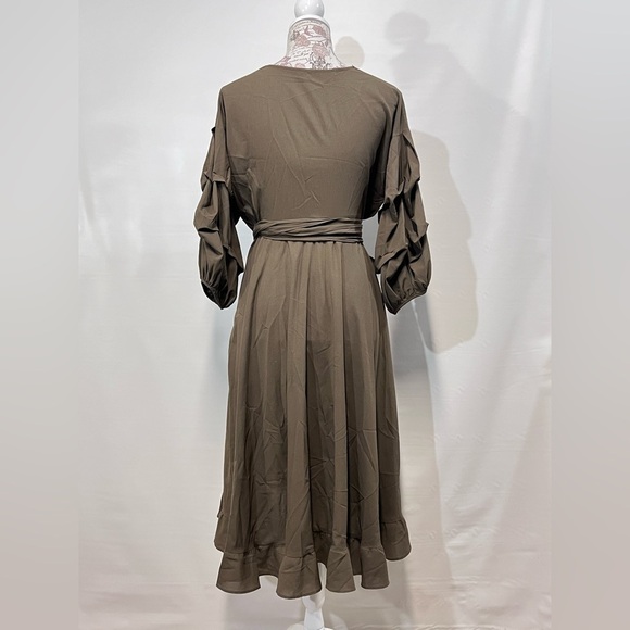 ASHLEY DOMENIQUE Olive ruched sleeve‎ wrap dress size M. - Picture 6 of 12